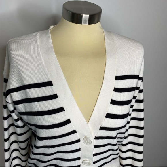 Loft White and Black Striped Button Front Long Sleeve Cardigan Sweater - Picture 5 of 10